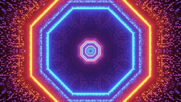 Een Futuristische Symmetrische Abstracte Achtergrond Met Achthoekvormen Kleurrijke Neonlichten — Stockfoto