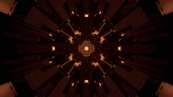 Рендеринг Абстрактного Фона Футуристического Кругового Туннеля Светящимися Коричневыми Золотыми Огнями — стоковое фото
