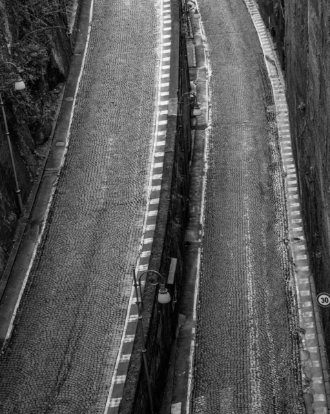 イタリアのソレントで撮影された舗装道路の垂直グレースケールショット — ストック写真