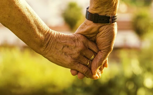 Primer Plano Una Pareja Ancianos Tomados Mano Bajo Luz Del —  Fotos de Stock