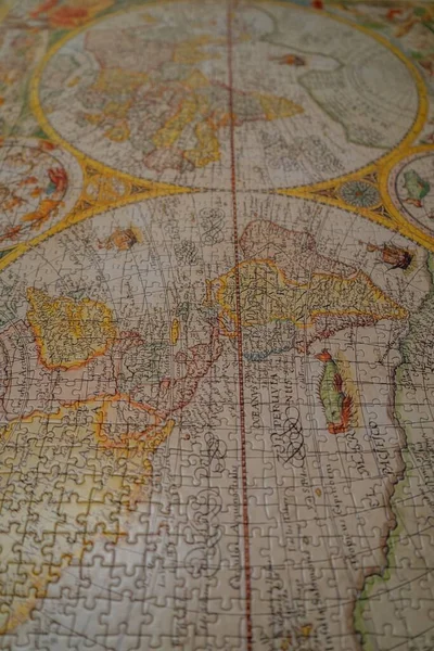 Close Mapa Mundo Vintage Feito Com Quebra Cabeças — Fotografia de Stock
