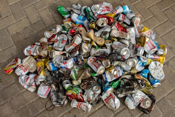 Rosario Argentina 11月10 2019 川の清掃の日の間にパラン川から抽出された後 リサイクルのために分離された異なるビールブランドの缶 — ストック写真