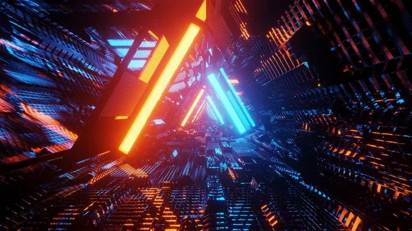 Renderande Abstrakt Futuristisk Bakgrund Med Blått Och Orange Neonljus — Stockfoto
