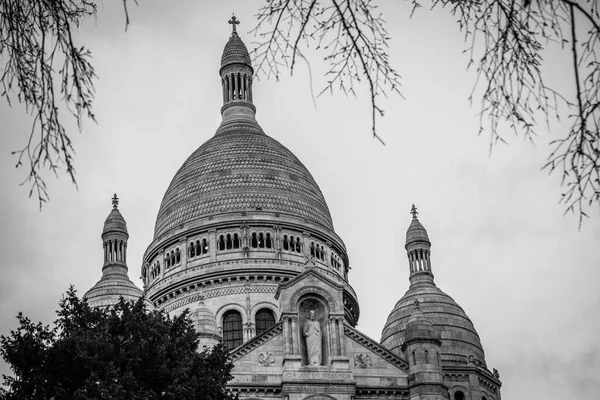 Greyscale Basilica Sacred Heart Paris Cloudy Sky Paris France — Stock Photo, Image