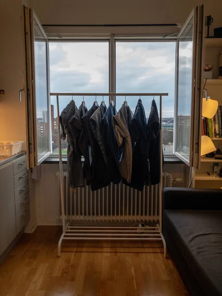 Vertical Image Clothes Drying Metal Rack Open Window — Stock Photo, Image