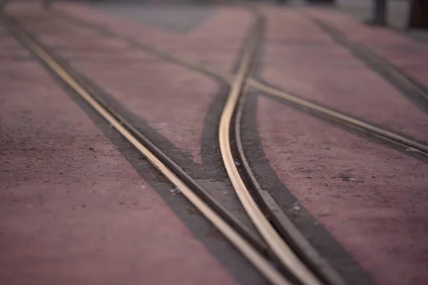 Closeup Tramway Tracks Sunlight Daytime Blurred Background — Stock Photo, Image