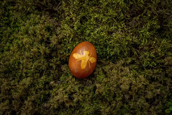 Çimlerin Üzerinde Bir Paskalya Yumurtası Üzerinde Arı Şekilli Bir Etiket — Stok fotoğraf