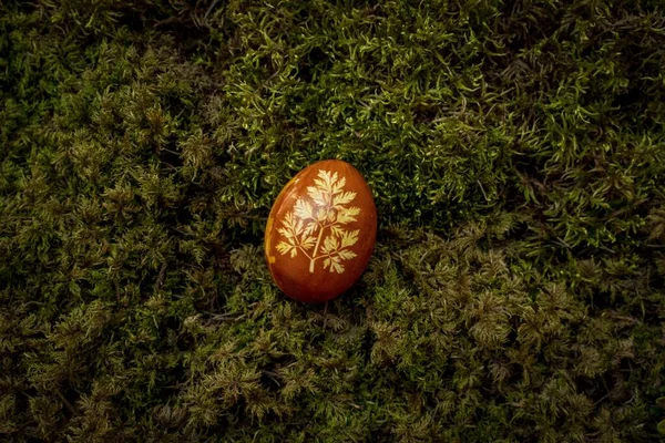 Çimlerin Üzerinde Bir Paskalya Yumurtası Ağaç Dalı Şeklindeki Bir Etiket — Stok fotoğraf