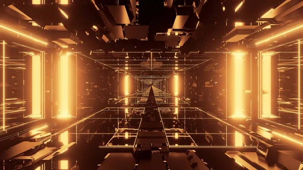 金のライトで構成されたトリッピー四角形の廊下の3Dレンダリング — ストック写真