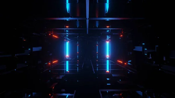 一个由蓝光和红光组成的三角形走廊的3D渲染 — 图库照片