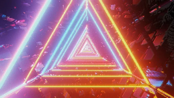 Eine Wiedergabe Mehrfarbiger Lichter Einem Dreieckigen Muster Das Sich Einem — Stockfoto