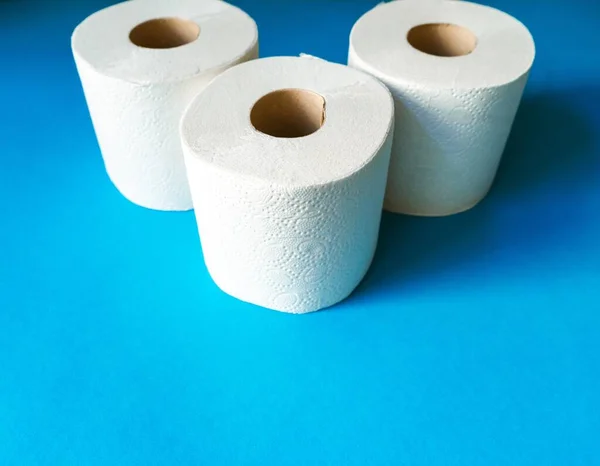 Several Rolls Toilet Paper Cyan Blue Modern Background Concept Shortages — Stock Photo, Image