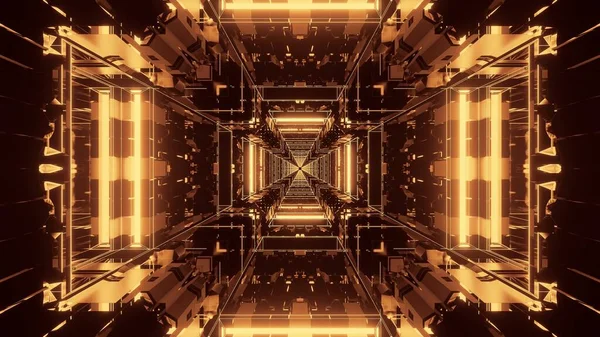 Rendering Trippy Rectangular Hallway Made Gold Lights — Stock Photo, Image