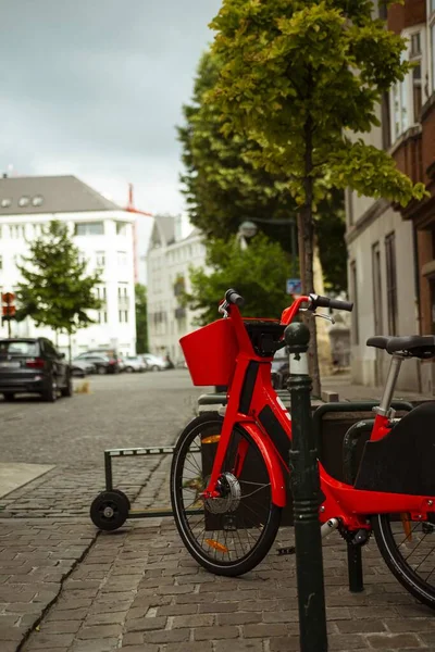 Eine Vertikale Aufnahme Eines Roten Fahrrads Das Einem Bordstein Auf — Stockfoto