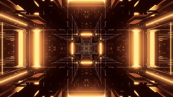 Rendering Trippy Rectangular Hallway Made Gold Lights — Stock Photo, Image