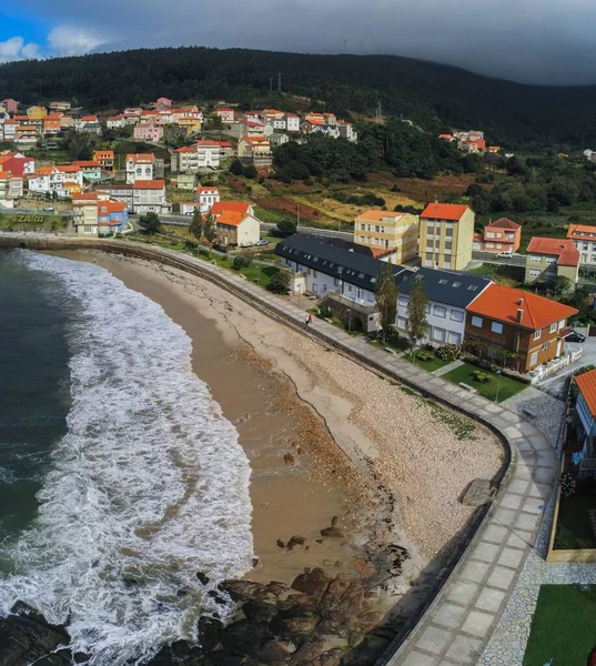 Ezaro Vila Com Praia Galiza Espanha Foto Drone — Fotografia de Stock