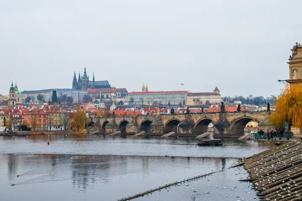 Prag Çek Cumhuriyeti Ndeki Charles Köprüsü Nün Arka Planda Gri — Stok fotoğraf