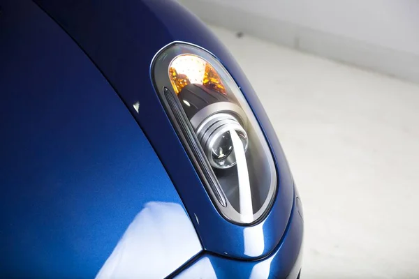 Closeup Shot Headlights Modern Blue Car — Stock Photo, Image