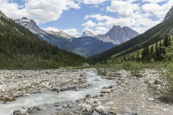 Rio Água Glacial Esbranquiçada Corre Vale Pedregoso Entre Altas Montanhas — Fotografia de Stock