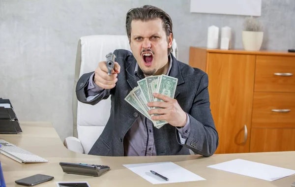 Businessman Gun Lots Money His Hands Gives Angry Expression — Stock fotografie