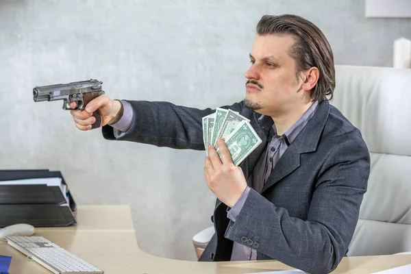 Businessman Pointing Gun Someone Has Money Other Hand — Zdjęcie stockowe