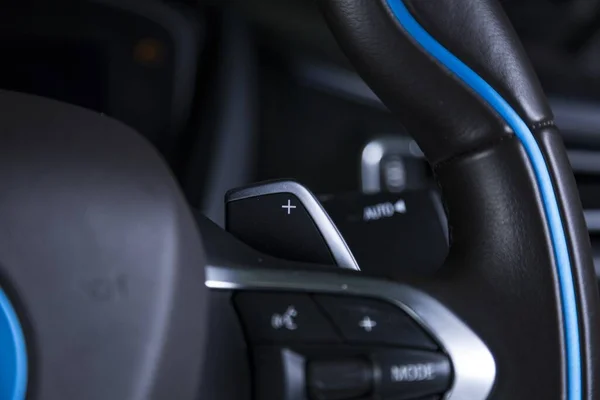 Closeup Shot Volume Buttons Steering Wheel Modern Car — Stock Photo, Image