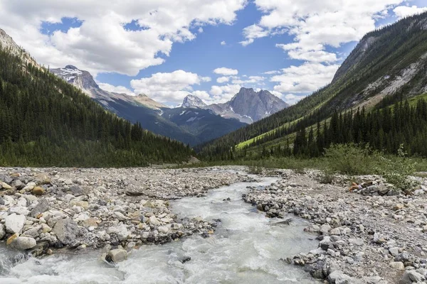 Rio Água Glacial Esbranquiçada Corre Vale Pedregoso Entre Altas Montanhas — Fotografia de Stock