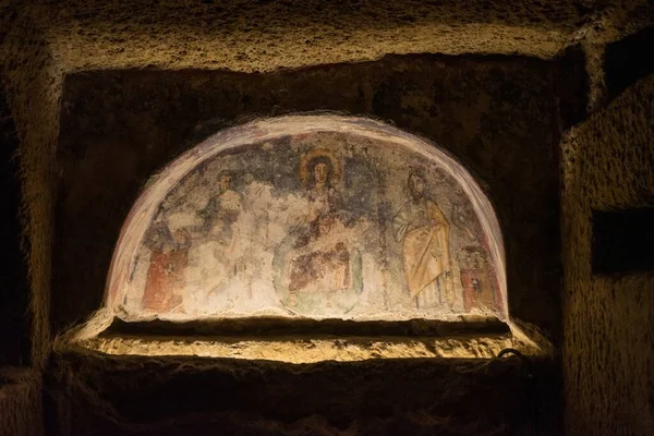 Fotografie Frumoasă Unei Picturi Religioase Catacombele Din San Gennaro Rione — Fotografie, imagine de stoc