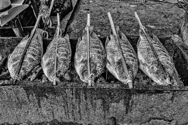 Beautiful Grayscale Shot Street Seafood Somewhere Asia — Stock Photo, Image