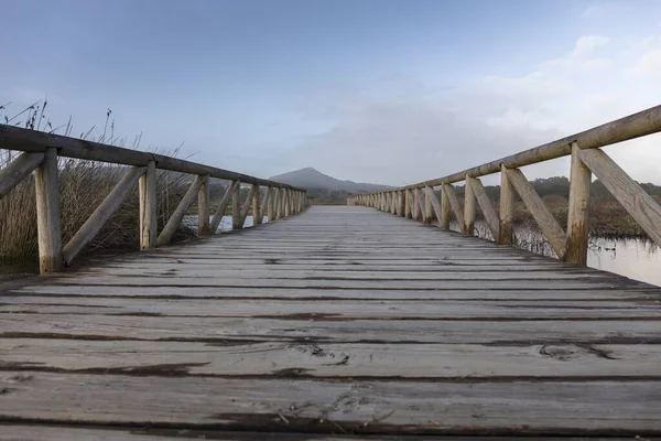 Tiro Bonito Uma Ponte Madeira Tirada Diretamente Dele — Fotografia de Stock