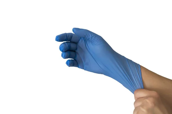 Closeup Shot Person Wearing Blue Medical Glove White Background — Stock Photo, Image