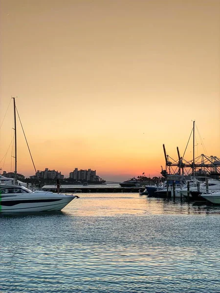 Vertical Shot White Boats South Beach Miami Florida Orange Sky — Stock Photo, Image