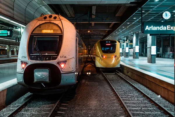Gyönyörű Felvétel Vonatokról Stockholmi Nemzetközi Repülőtéren — Stock Fotó