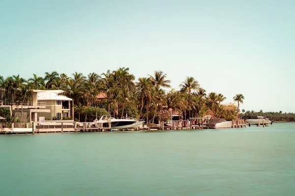 Een Prachtig Shot Van Palmbomen Gebouwen Boten South Beach Miami — Stockfoto