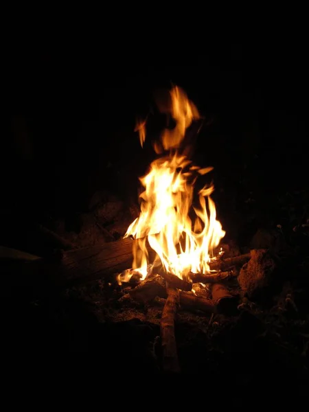 Ein Vertikaler Schuss Brennendes Holz Lagerfeuer Der Nacht — Stockfoto