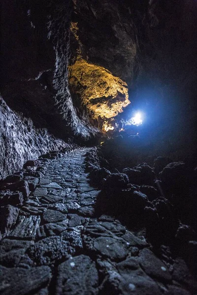 Intérieur Cueva Los Verdes Avec Des Formations Rocheuses Tunnel Sur — Photo