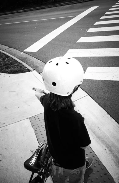 Vertical Greyscale Shot Child Wearing Helmet Bicycle Standing Street — Stock Photo, Image