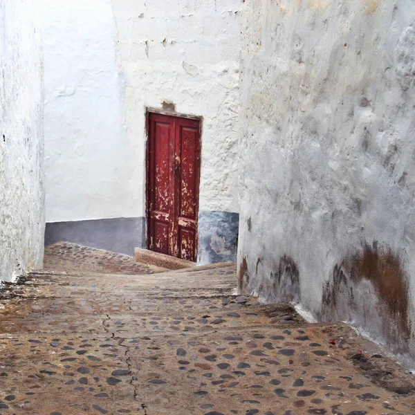 Corredor Estreito Com Escadas Concreto Velhas Uma Porta Enferrujada Madeira — Fotografia de Stock