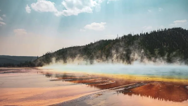 Beautiful Shot Oasis Surrounded Land Forested Mountains — Stock Photo, Image