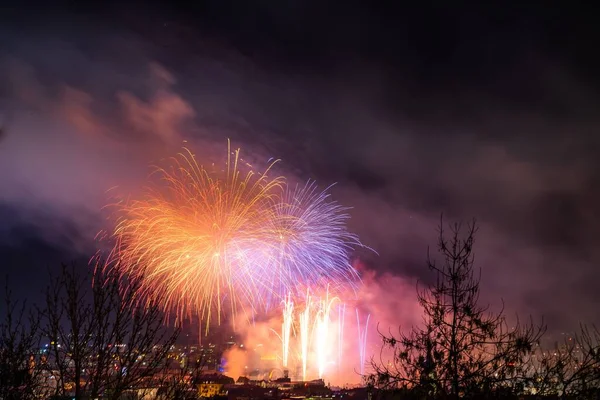 Una Hermosa Vista Fuegos Artificiales Colores Sobre Ciudad Cielo Nocturno —  Fotos de Stock