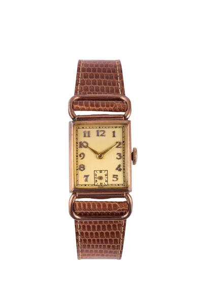 一只带棕色皮带的老式手表在白色背景上被隔离的垂直截图 — 图库照片