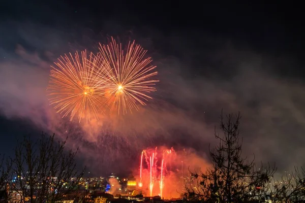 Een Prachtig Uitzicht Het Kleurrijke Vuurwerk Een Stad Aan Nachtelijke — Stockfoto