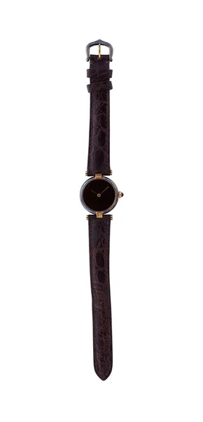 Disparo Vertical Pequeño Reloj Con Una Banda Cuero Marrón Aislado — Foto de Stock