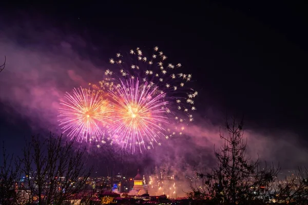 Beautiful Shot Colorful Fireworks City Lights Night — Stock Photo, Image
