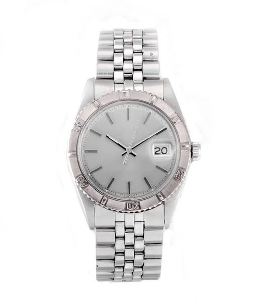 Een Modern Horloge Met Een Zilveren Ketting Geïsoleerd Een Witte — Stockfoto