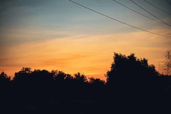 Una Hermosa Toma Siluetas Árboles Bajo Cielo Naranja Atardecer —  Fotos de Stock