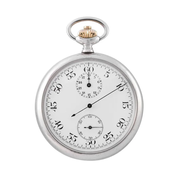 Nahaufnahme Einer Kleinen Silbernen Uhr Auf Weißem Hintergrund — Stockfoto