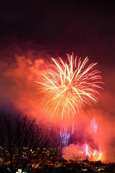 Vertical Shot Colorful Fireworks City Lights Night — Stock Photo, Image