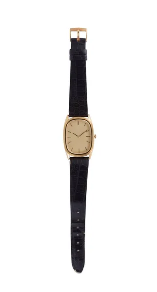 Plan Vertical Une Montre Dorée Avec Bracelet Cuir Noir Isolé — Photo