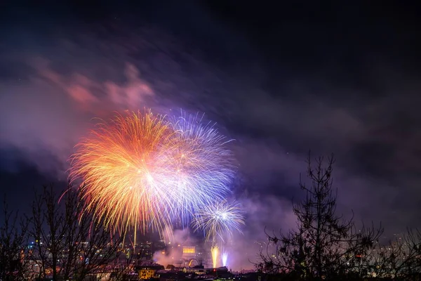 Una Hermosa Vista Fuegos Artificiales Colores Sobre Ciudad Cielo Nocturno —  Fotos de Stock